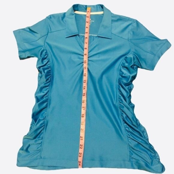 Athleta Womens Birdie Blue Polo Shirt Athletic Golf UPF 50 Rouched Sides Size M - Picture 11 of 13